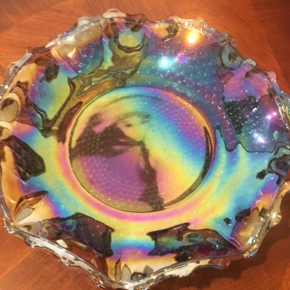 Vintage Indiana Glass Blue Iridescent Diamond Point Ruffled Trim Hostess Plate - Picture 2 of 13